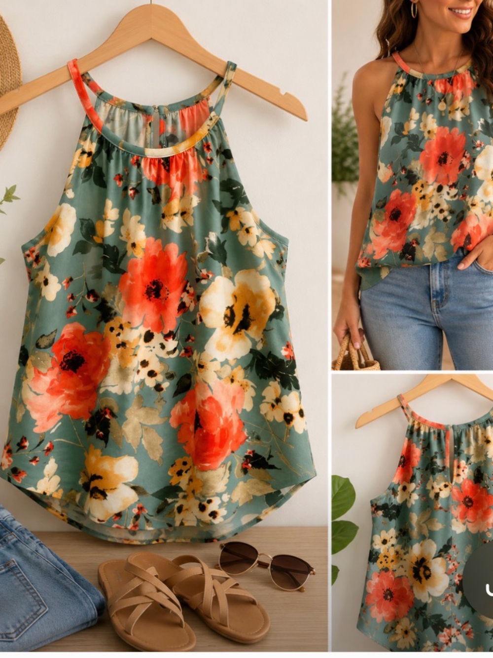 Papermoon Green Halter Camisole with Coral & Cream Floral Print